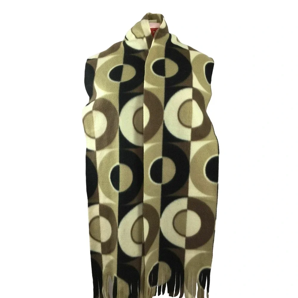 Circles Geometric Design Olive Black Fringed Fleece Winter Scarf